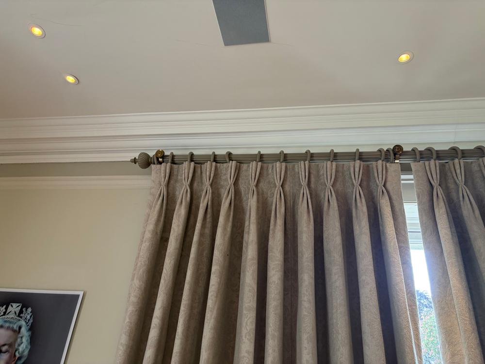 Bespoke interlined Curtains, with Tie Backs and Curtain Poles.